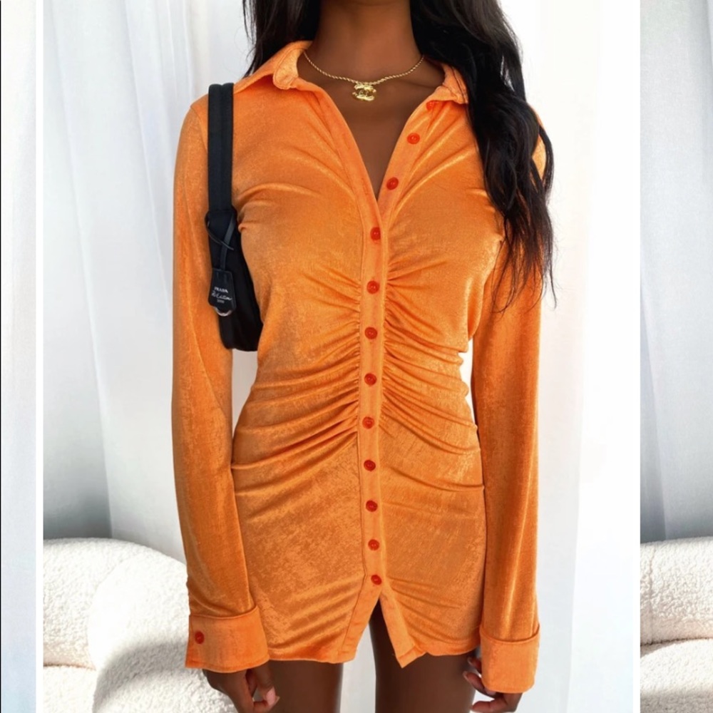 MINI BUTTON UP DRESS LONG SLEEVE ORANGE